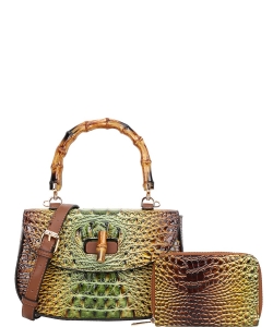 2 in 1 Crocodile Bamboo Handle Tie-dyed Satchel Wallet Set CE-8904A BROWN